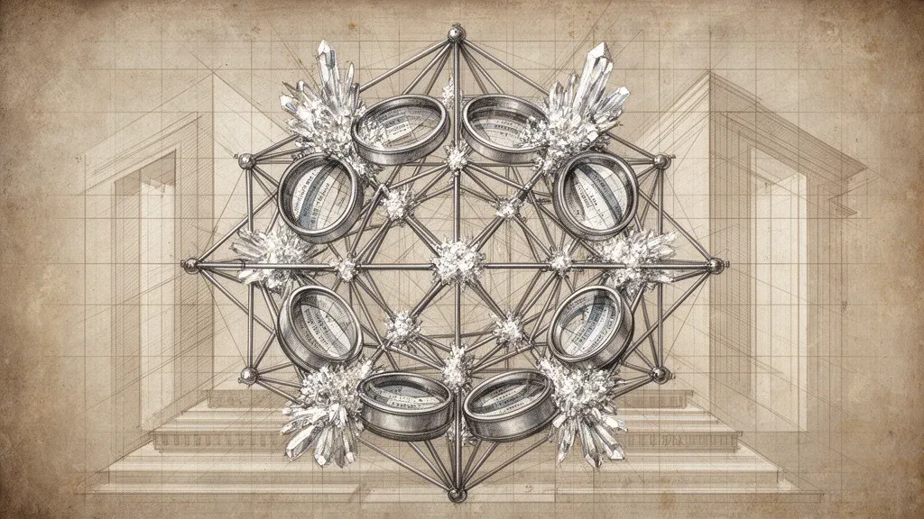 Abstract geometric lattice with copper tension lines, crystalline nodes; navy negative space, fresco texture.