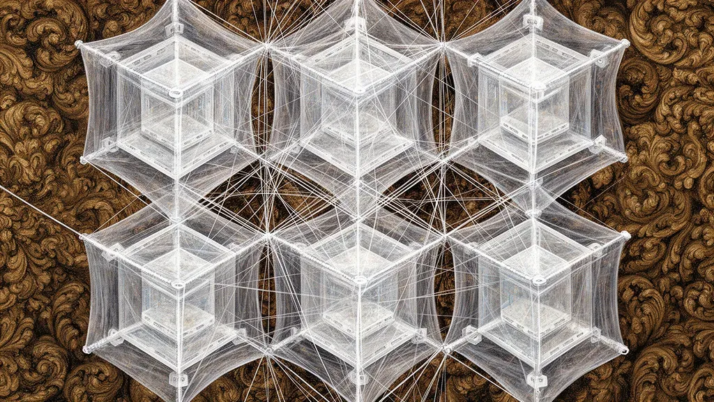 Abstract navy lattice with teal membranes, copper tension points, fresco grain; right-side void