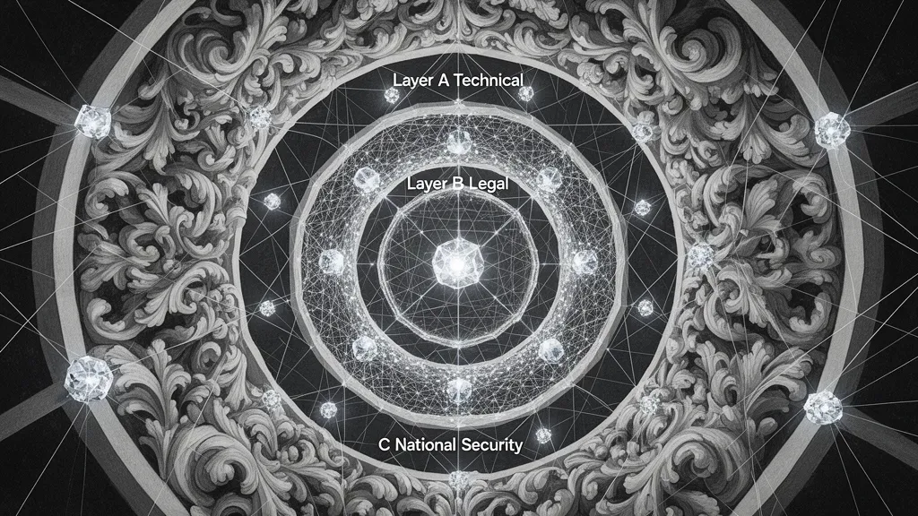 Abstract fresco: concentric geometric membranes, teal lattice nodes, baroque scrolls, navy space right