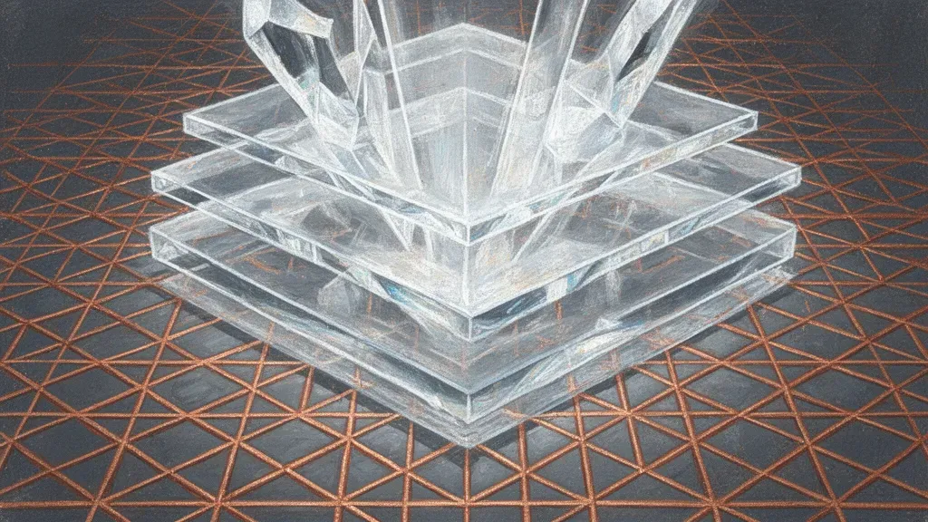 Abstract geometric layers left of center; navy-teal data streams, copper lattice, aged paper texture.