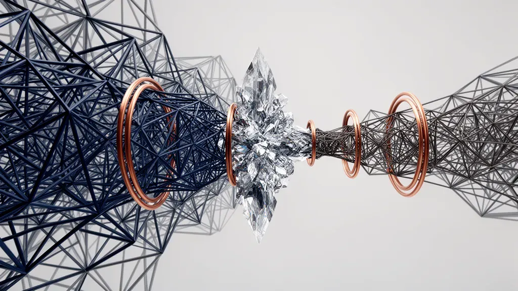 Geometric navy lattice with teal flow and copper gates, fading into dark space