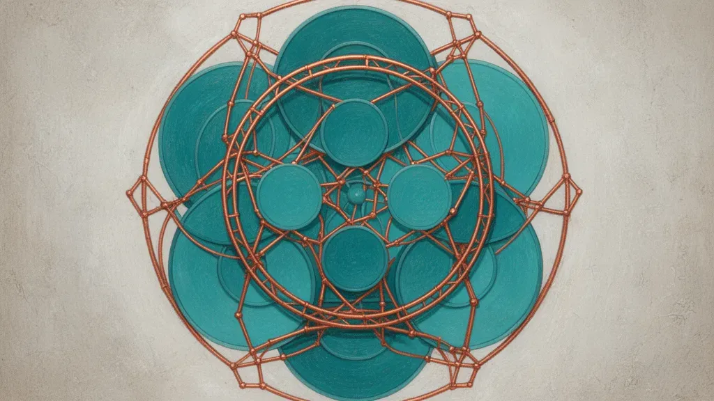 Abstract navy-teal nested medallion with copper lattice restraint; fresco paper grain, right space