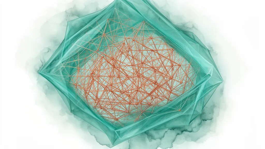 Copper geometric lattice meets translucent teal boundary on textured navy fresco, open right space