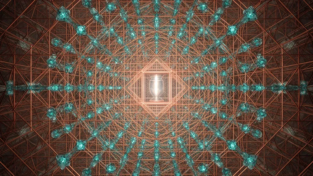 Copper lattice with teal nodes on deep navy; left focal light vessel, textured fresco wash.