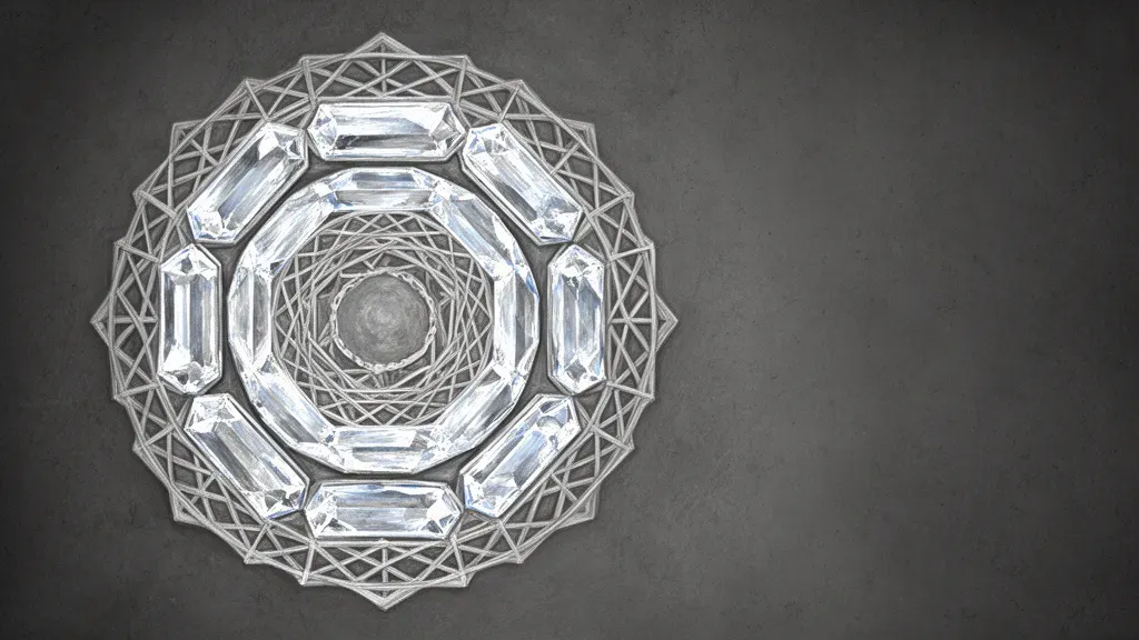 Geometric medallion left, teal membranes/copper lines; navy-charcoal space right, grainy fresco texture