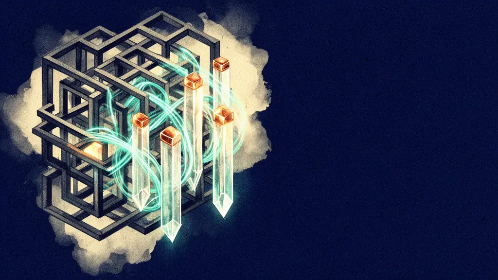 Abstract geometric lattice with teal light through copper prisms on deep navy, left focus, grain.