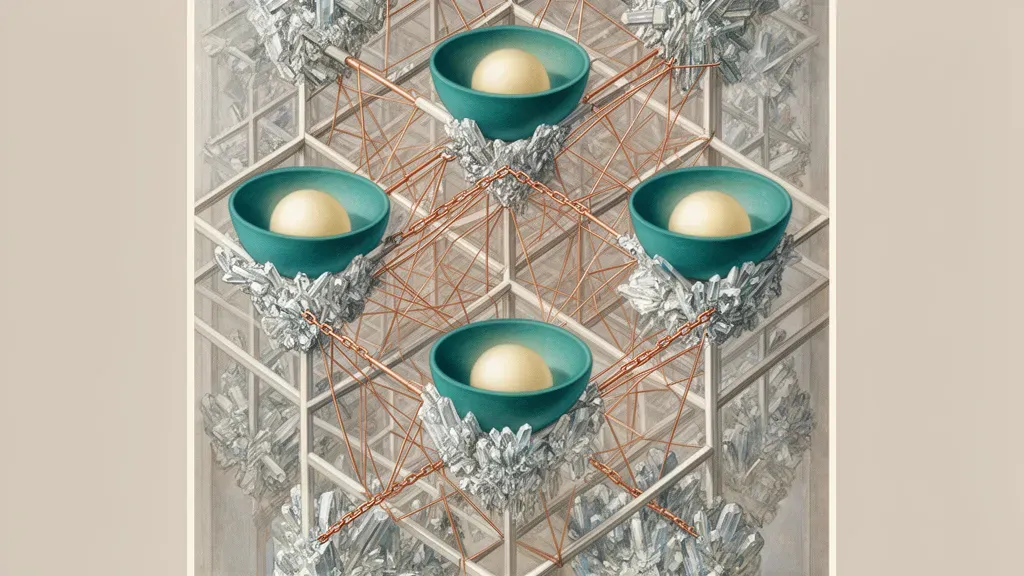 Abstract fresco lattice with teal vessels, cream orbs, copper links; grainy navy, right-side negative space