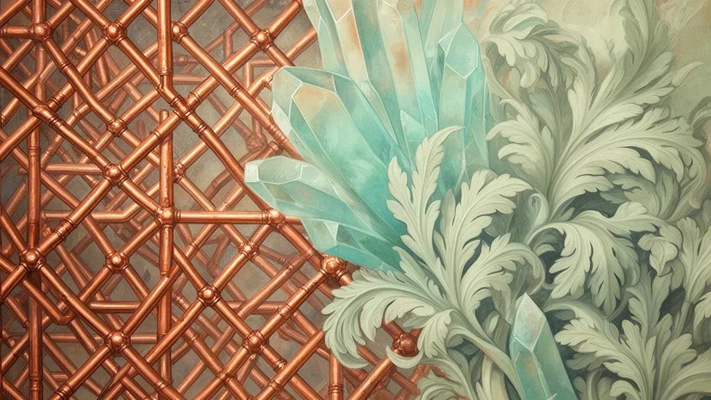 Abstract fresco lattice with teal crystals in protective shield on navy, left-focused with space right