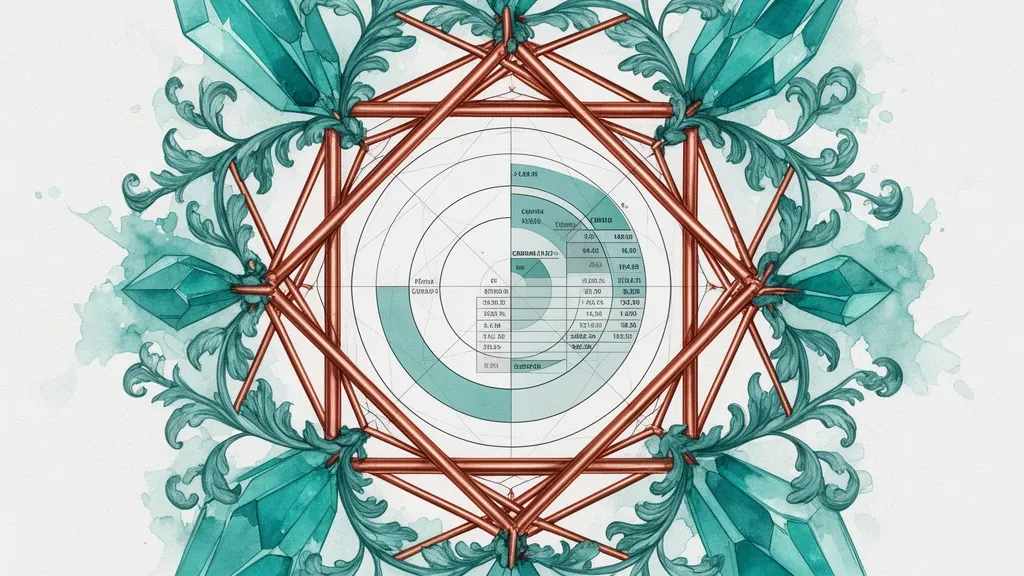 Abstract cap-table circles in copper lattice with teal crystals; navy fresco texture, right space.