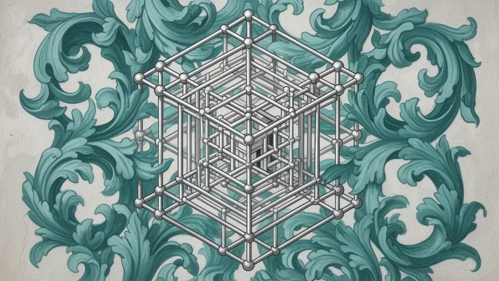 Geometric lattice with teal acanthus on navy; copper nodes, cream highlights, open right space.