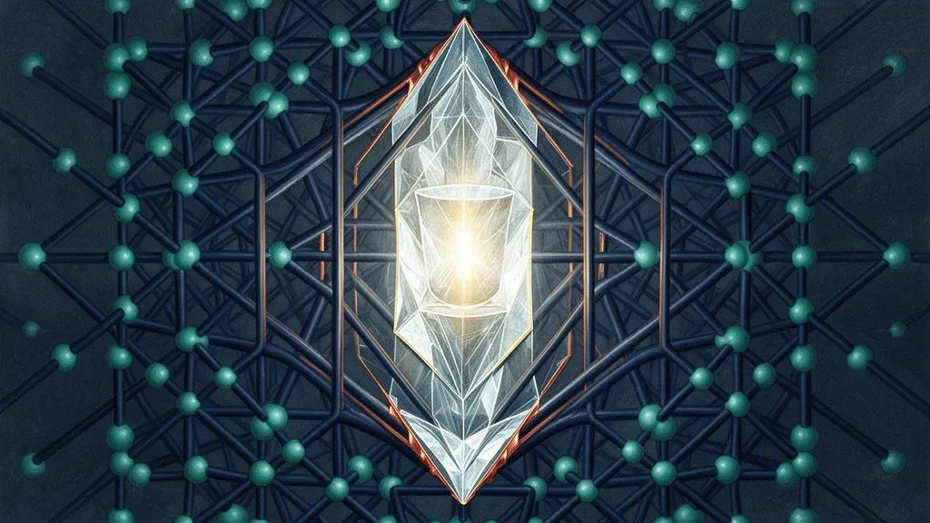 Abstract teal lattice with navy channels and copper accents; glowing core vessel on charcoal fresco.