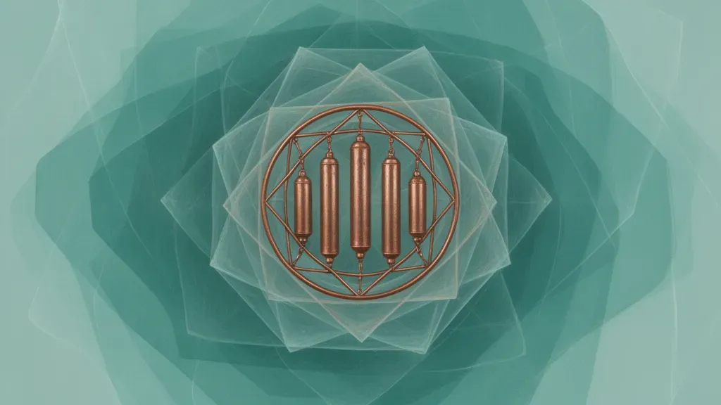 Abstract teal layers with copper vertical weights in a circular lattice on deep navy textured fresco