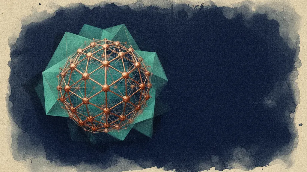 Abstract navy fresco with copper lattice and teal membrane left, negative space right