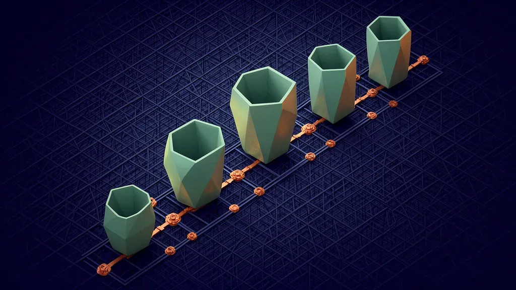 Four interlocking teal vessels in navy lattice with copper nodes on textured fresco background