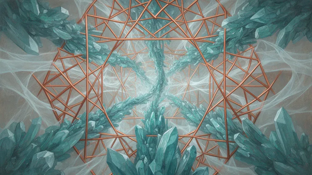 Copper geometric lattice with teal crystals on navy fresco; left-weighted, textured, negative space right