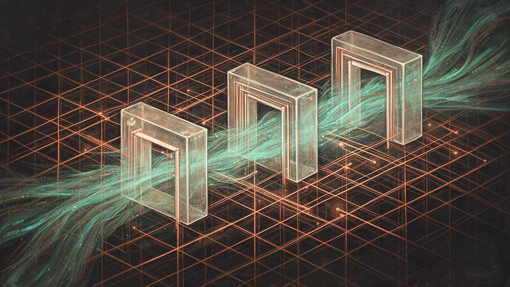 Geometric lattice with teal flow and copper nodes on navy fresco texture, fading right