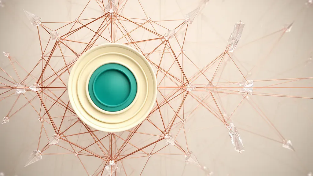 Abstract geometric lattice with teal membrane, cream medallion, copper links on grainy navy fresco.