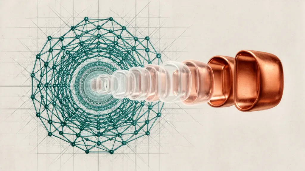 Abstract geometric teal lattice with copper forms on navy, textured fresco; negative space right