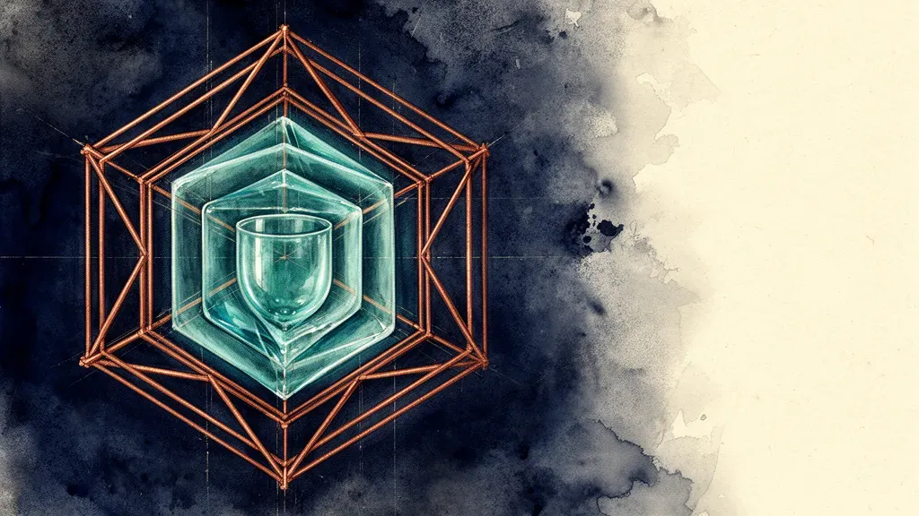 Teal crystalline vessels in copper lattice, left focal; navy-to-cream textured wash, abstract