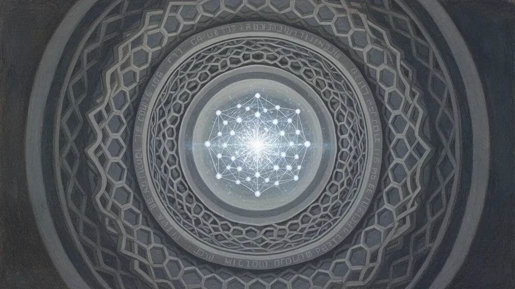 Geometric nested vessels and hex lattice with glowing crystal, textured navy fresco, right blank space