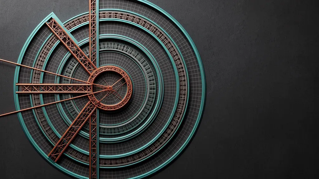 Geometric medallion left on navy, teal/copper lattice; textured watercolor, blank right space