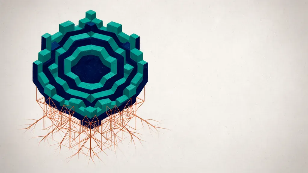 Geometric teal/navy medallion with copper lattice on navy fresco, right side negative space