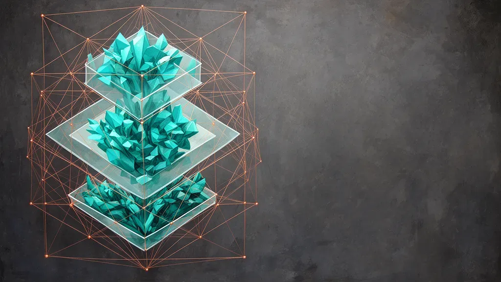 Geometric teal lattice with copper lines on deep navy, fresco grain and 40% negative space