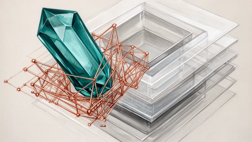 Abstract risk stack: teal crystal in copper lattice amid translucent layers on navy fresco.