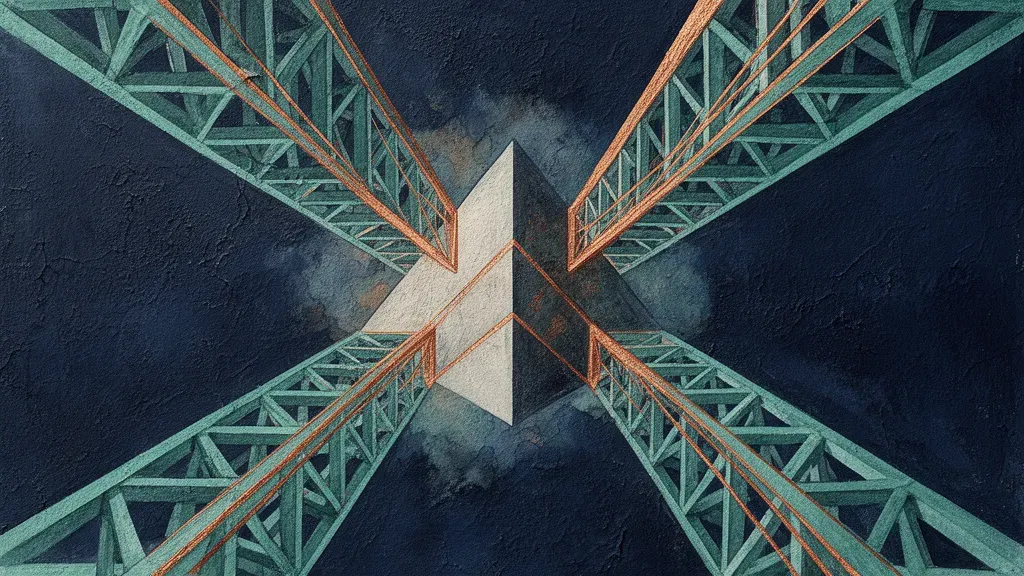 Geometric prism with copper and teal lattices on textured navy fresco, right side empty