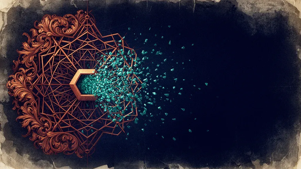 Copper lattice with teal shards on navy plaster texture, left-weighted with right negative space