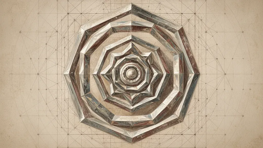 Abstract geometric medallion left; navy grid lattice, teal/cream rings, copper core, aged grain.