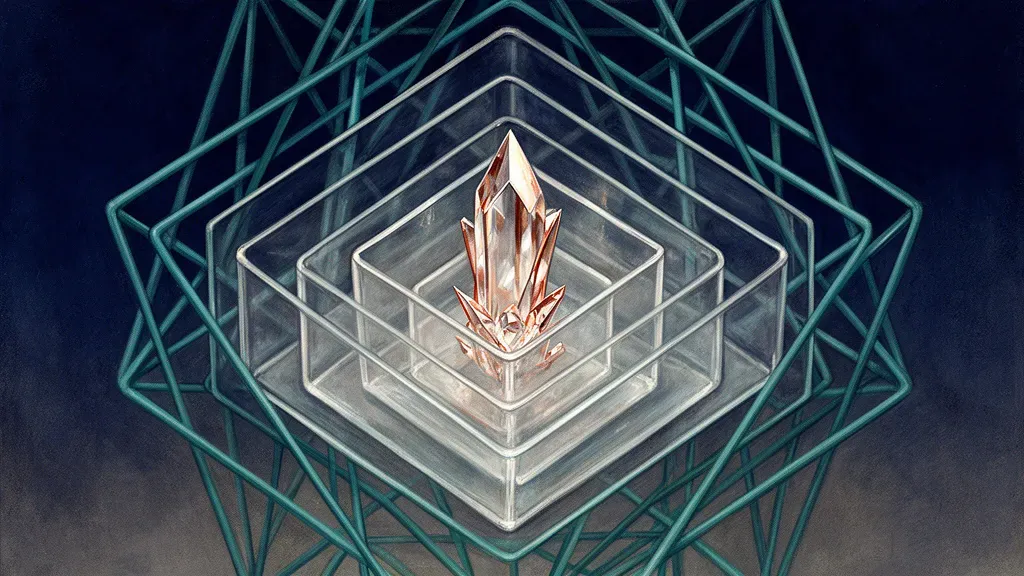 Nested translucent geometric boxes with teal lattice and copper crystal on navy, grainy paper texture.