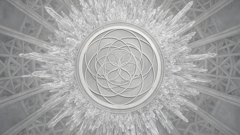 Geometric teal medallion on navy fresco, copper nodes, crystalline lattice, right space for text