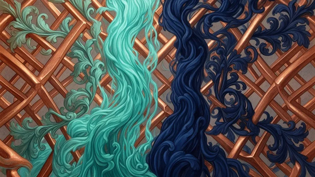 Abstract fresco with teal/navy streams in copper lattice, grainy charcoal background, left-weighted.