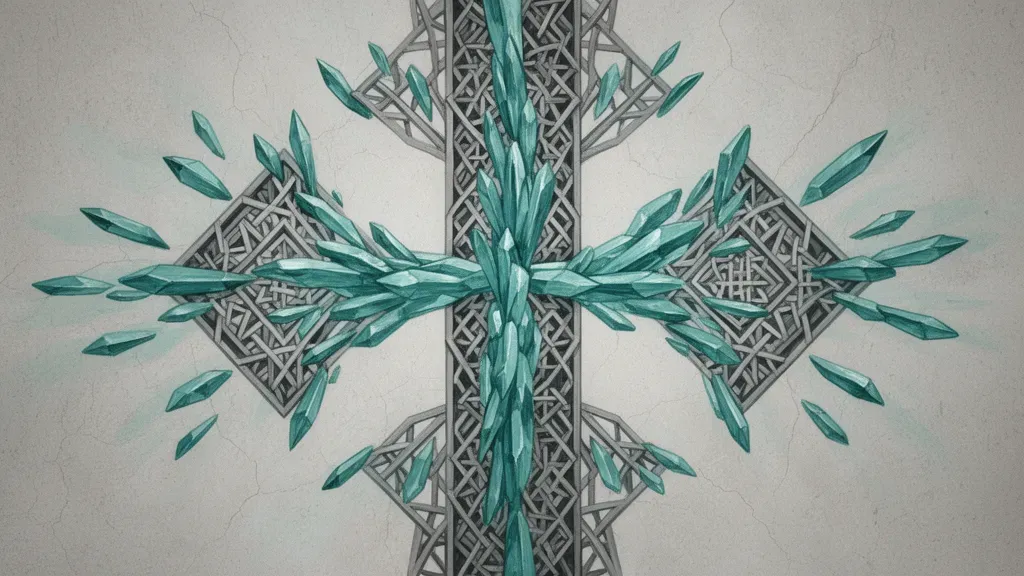 Abstract lattice spine with teal crystals and copper lines on navy fresco, left of center.