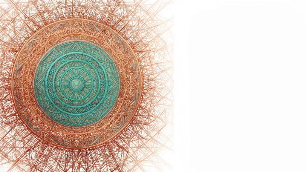 Teal geometric medallion with bronze lattice on navy fresco, cream flows; right-side negative space