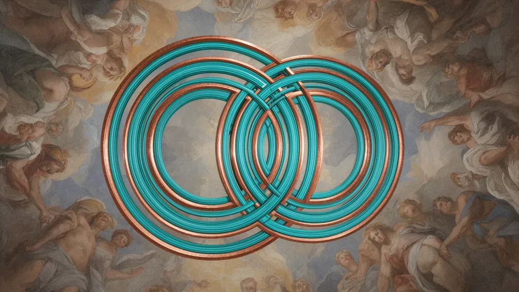 Two interlocking teal-and-copper geometric medallions on navy, grainy plaster background