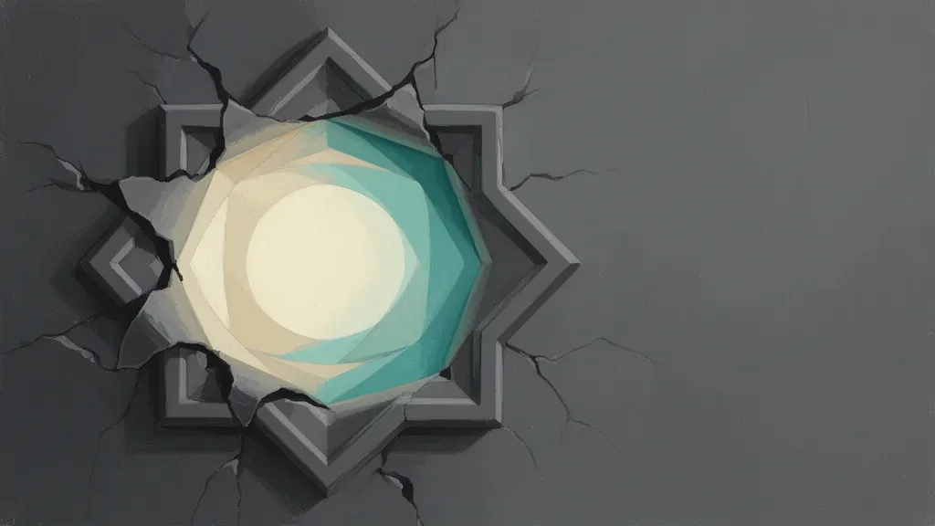 Abstract fresco medallion left, charcoal layers peel to teal/cream core on navy copper grid.