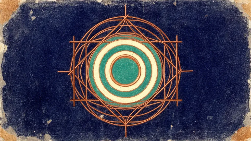 Abstract teal/cream circles in copper lattice on textured navy, left; right negative space