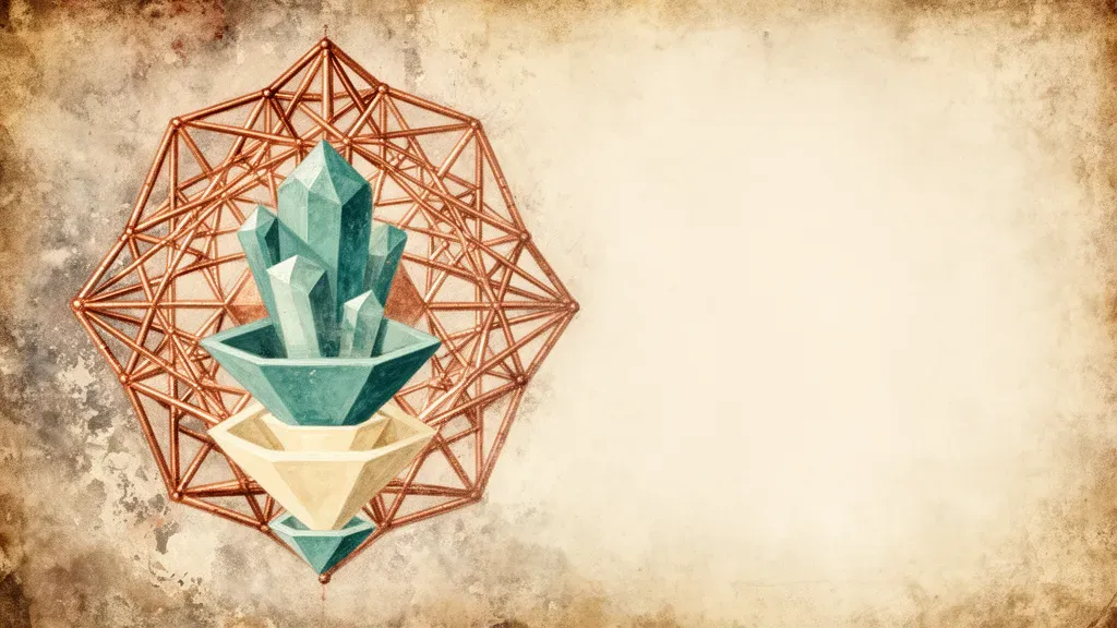 Copper lattice with teal/cream crystal forms on navy textured fresco, right-side negative space