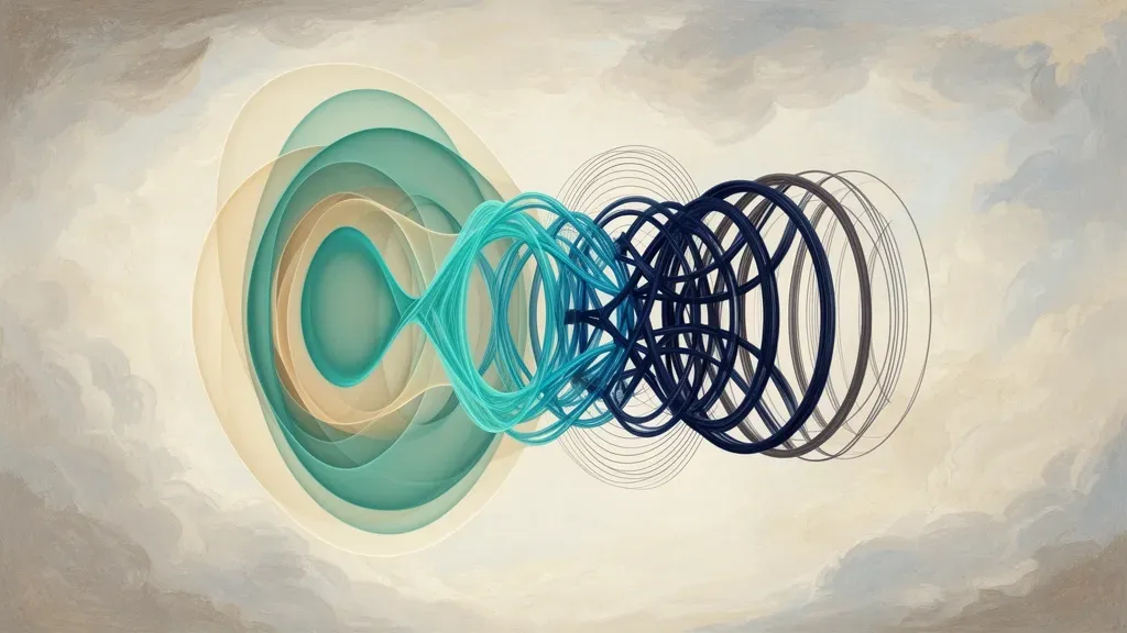 Abstract fresco: teal membrane vessel merges into navy tension coil, fading into spacious dark field