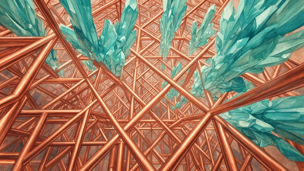 Copper geometric lattice with teal crystals on navy textured fresco; left focal, right negative space