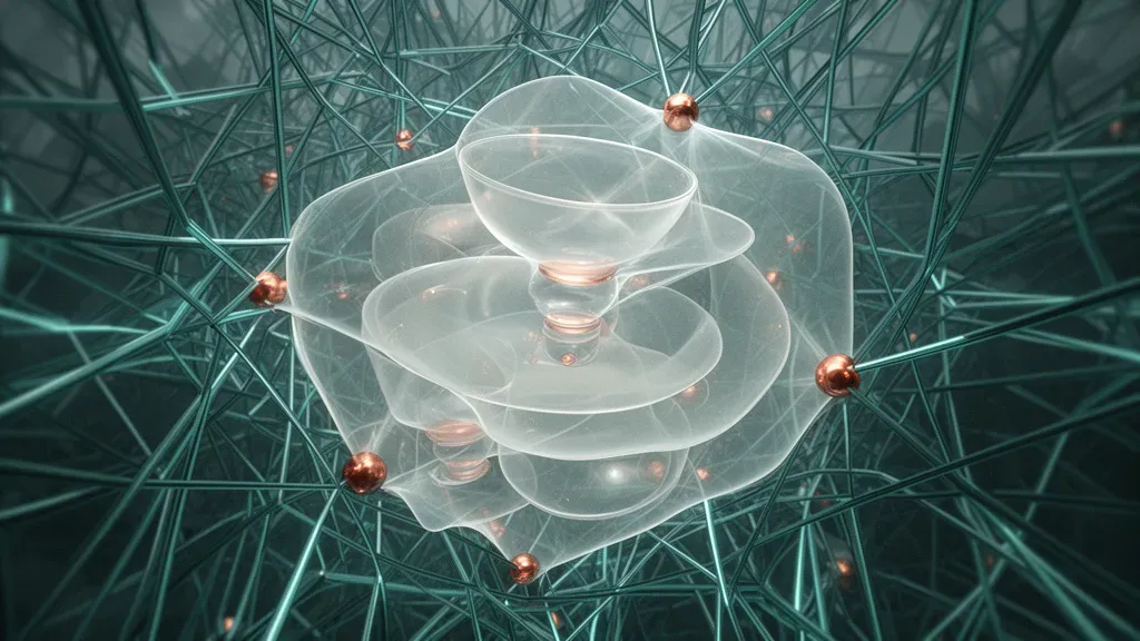 Abstract nested translucent vessels in teal lattice on deep navy, with copper highlights.