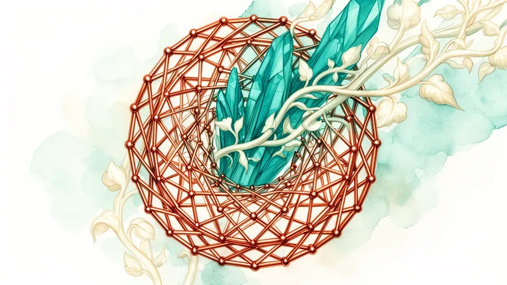 Copper lattice vessel with teal crystals and cream vines on navy fresco, right-side negative space