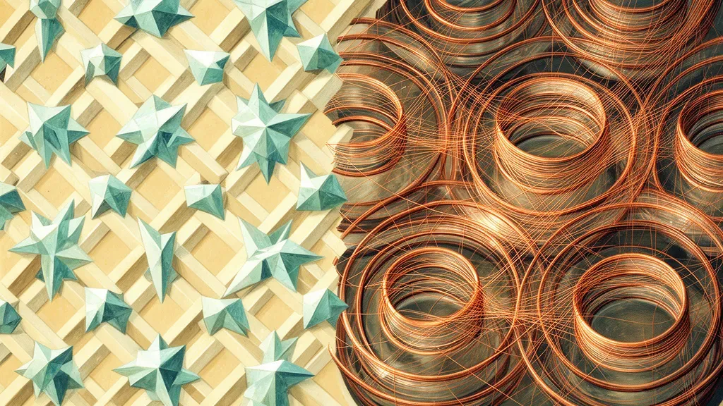 Geometric lattice with teal nodes and copper lines on navy fresco, right-side negative space