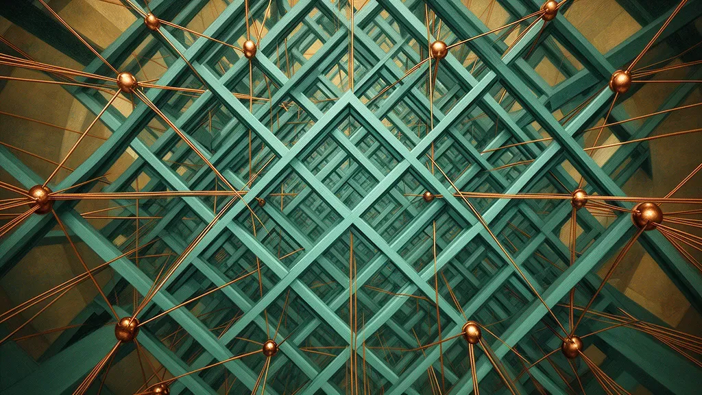 Abstract teal lattice with copper nodes on navy, grainy fresco texture, right-side space