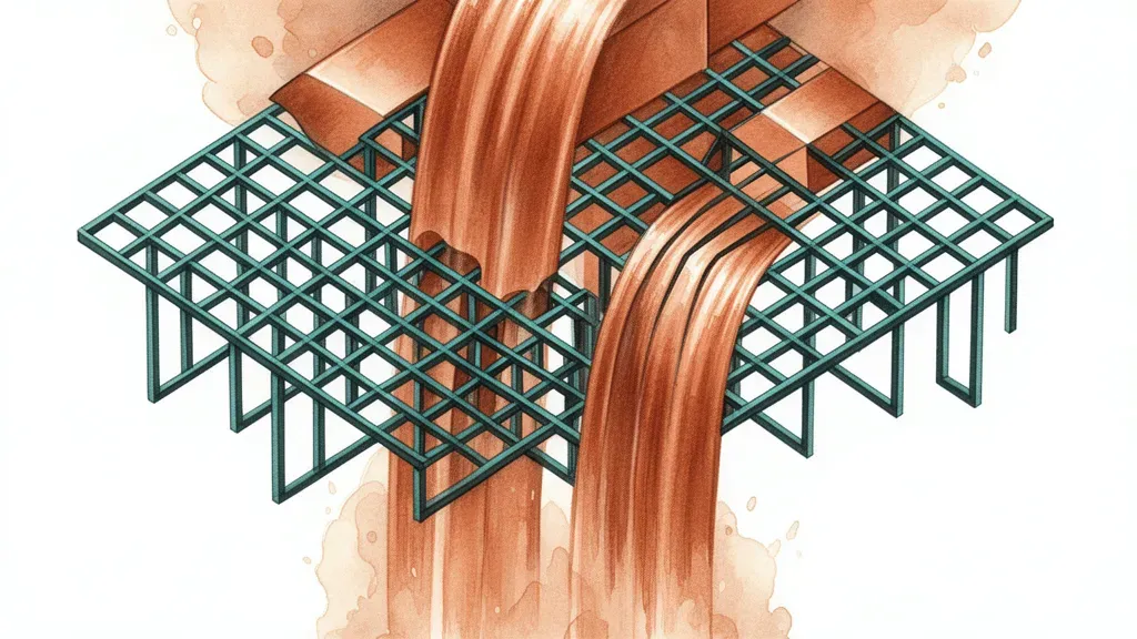 Abstract fresco: teal/charcoal lattice with copper pressure forms on navy, right-side space