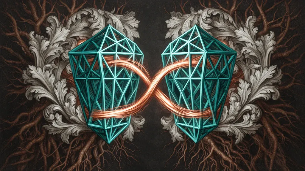 Mirrored teal crystal lattices with copper light stream on deep navy fresco, baroque foliage.