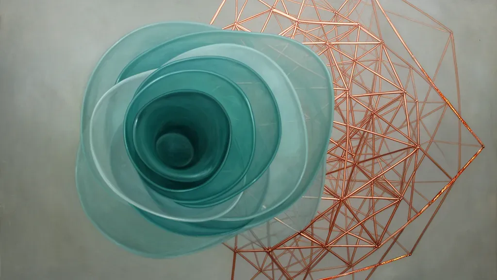 Abstract digital fresco of teal vessels to copper lattice on navy plaster, right-side negative space.