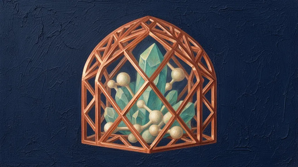 Copper lattice membrane with teal crystals on navy fresco texture, open right space